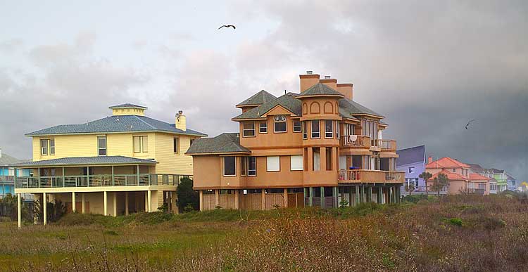 Gulf Coast:  Galveston Houses on Stilts adjacent to beaches of Gulf of Mexico