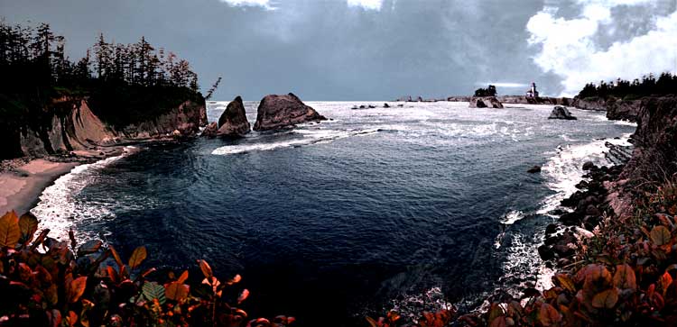 Cape Arago Lighthouse Panorama; Oregon coast near Coos Bay at dusk