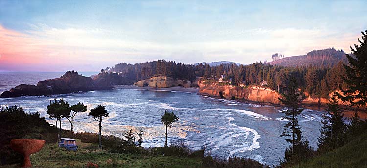 Pacific Coast sunset Panorama from Whale Cove; Oregon ocean picture sold as framed photo or canvas