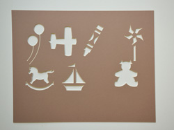 Balloons,airplane,crayon,pinwheel,rocking horse,sail boat,teddybear