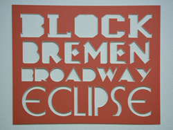 Fonts = Block, Bremen, Broadway, Eclipse; Burnt Orange mat