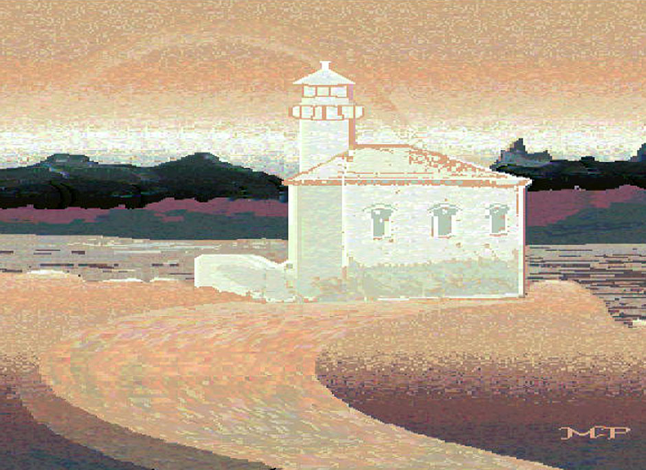 Buy this Computer Graphics - Bandon lighthouse painting in melon; part of a trio