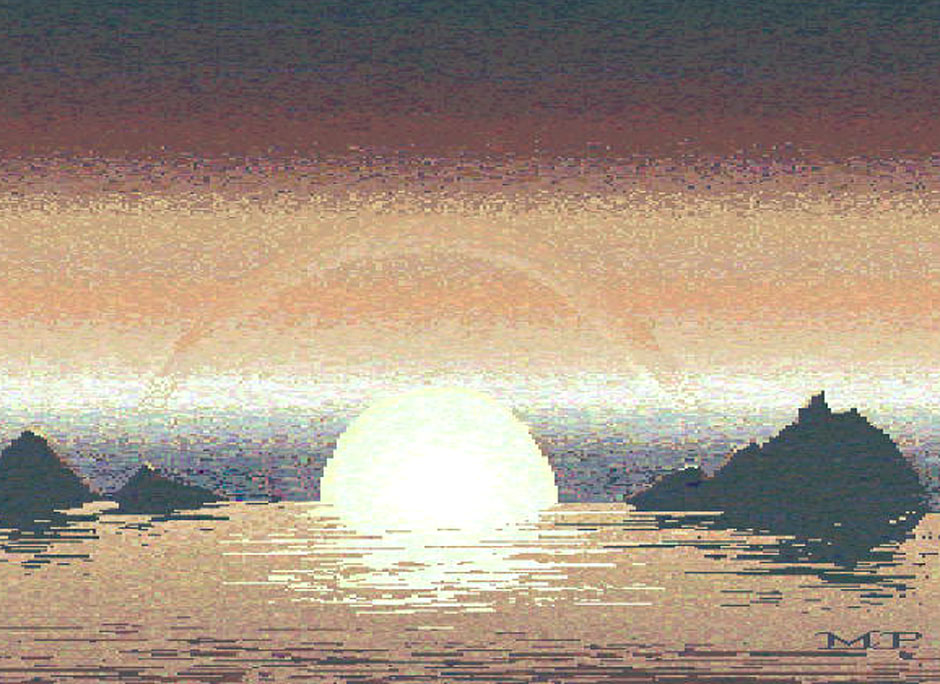 Buy this Computer Graphics - ocean sunset drawing in melon; part of a trio