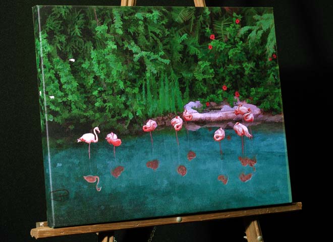 Flamingo Painting;Chilean Flamingos Reflected in Disney World Pond