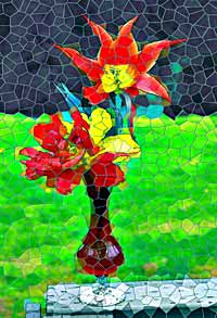 Stained Glass design - red vase of ruffled red tulips