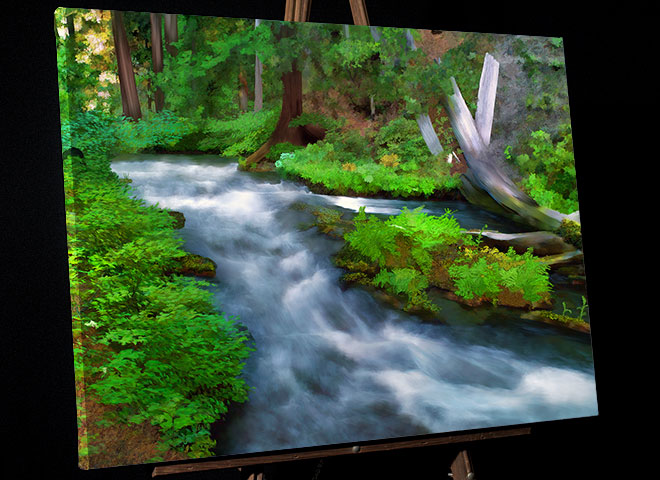 National Falls Creek painting; Rogue River tributary in Siskiyou National Forest leads to National Falls; picture sold as framed art or canvas