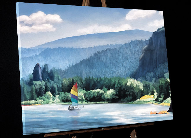 Columbia River Painting with colorful sailboat; Rooster Rock on the left, Columbia Gorge on the right