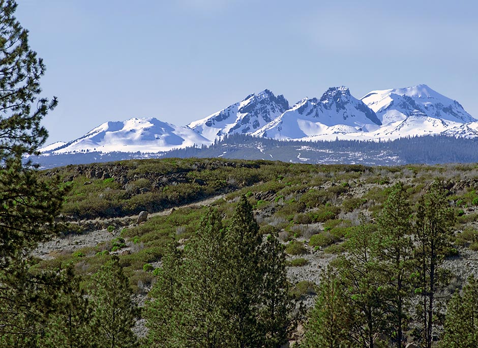 Broken Top (9,175 feet), South Sister Faith (10,358 feet), Middle Sister Hope (10,047 feet),
		   North Sister Charity (10,085 feet)