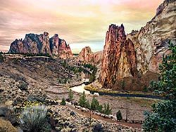 Great place for rock climbing or just scenic views of deep river canyons in this painterly picture