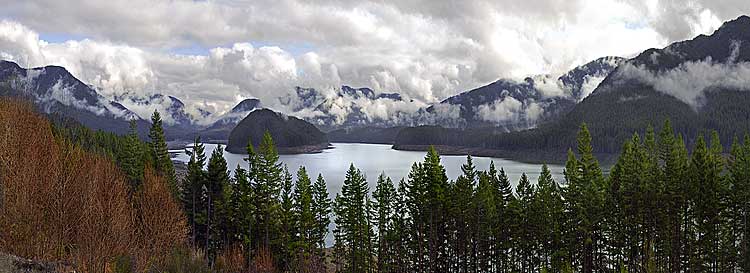 Detroit Lake on North Santiam River; foggy mood scene of Oregon Cascade Foothills