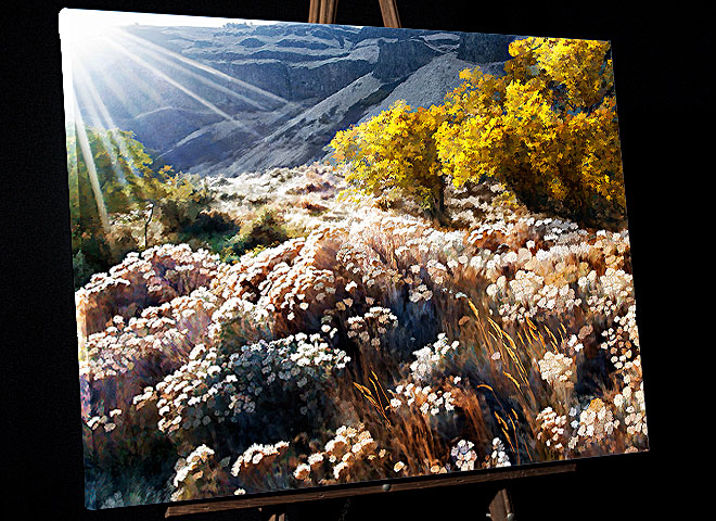 Painting of Sagebrush on the Columbia River Hills in Morning Gods Rays 