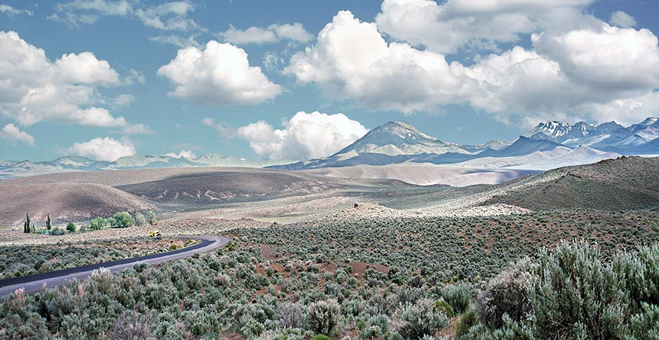 Pueblo Mountains in Oregon's Basin Range; Road leads to Fields and then the Alvord Desert