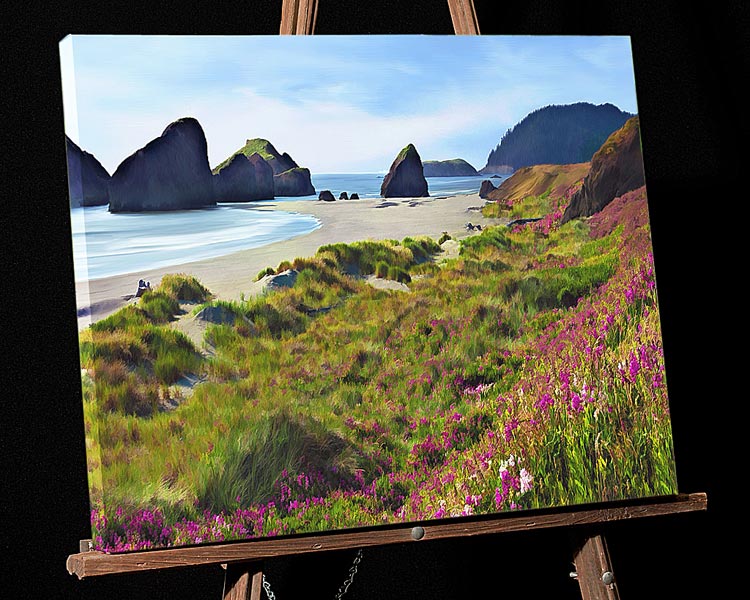 Oregon Pacific Ocean Painterly Photo; Colorful flowers and Haystacks on the Southern Coast