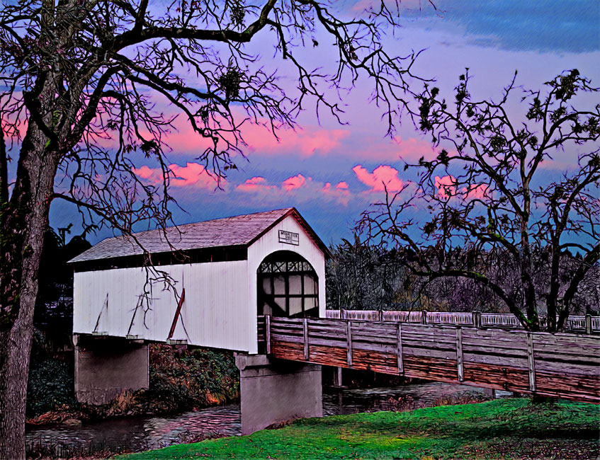 Antelope Creek Covered Bridge and Mistletoe; near Medford   42°28'19.1"N 122°48'00.8"W