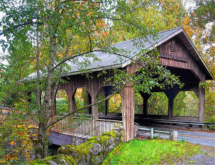 Cedar Crossing Covered Bridge, Multnomah County 45°28'19.3"N 122°31'25.4"W