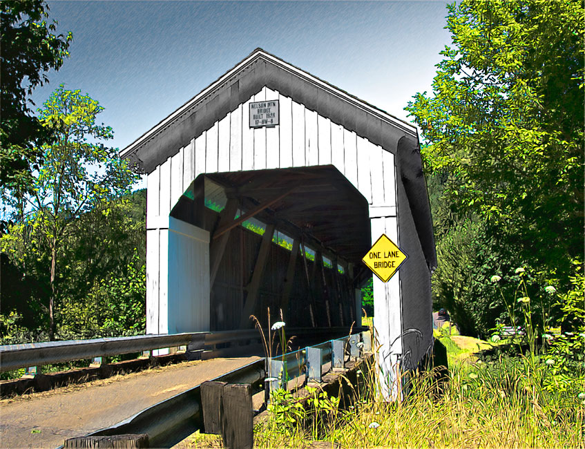 Nelson Mountain Covered Bridge over Lake Creek, Eugene  44°06'15.6"N 123°40'25.1"W