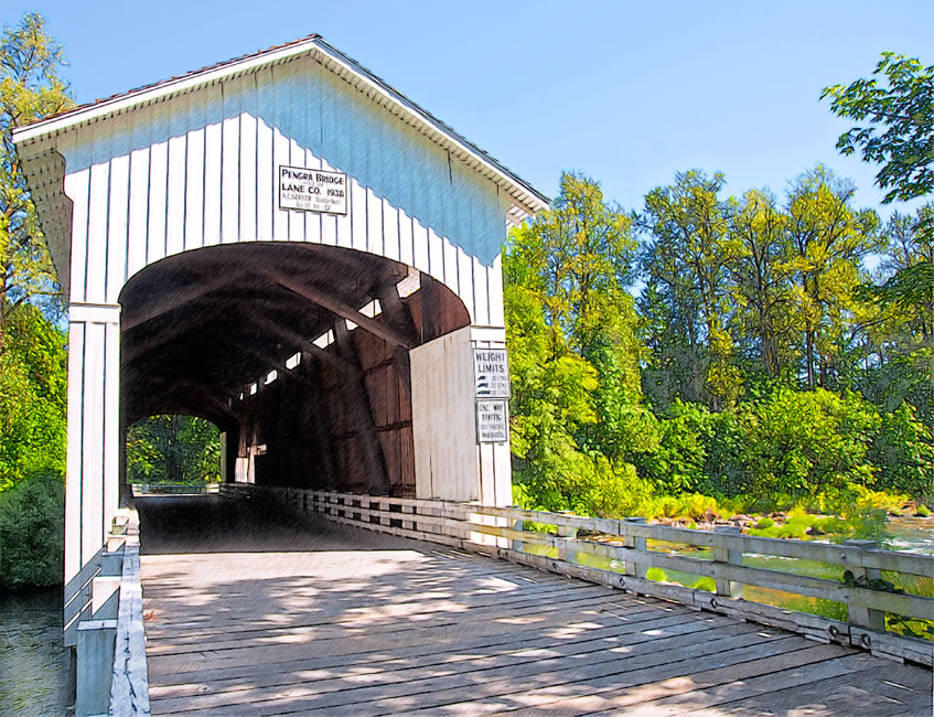 Pengra Covered Bridge over Fall Creek, Eugene  43°57'57.7"N 122°50'43.5"W