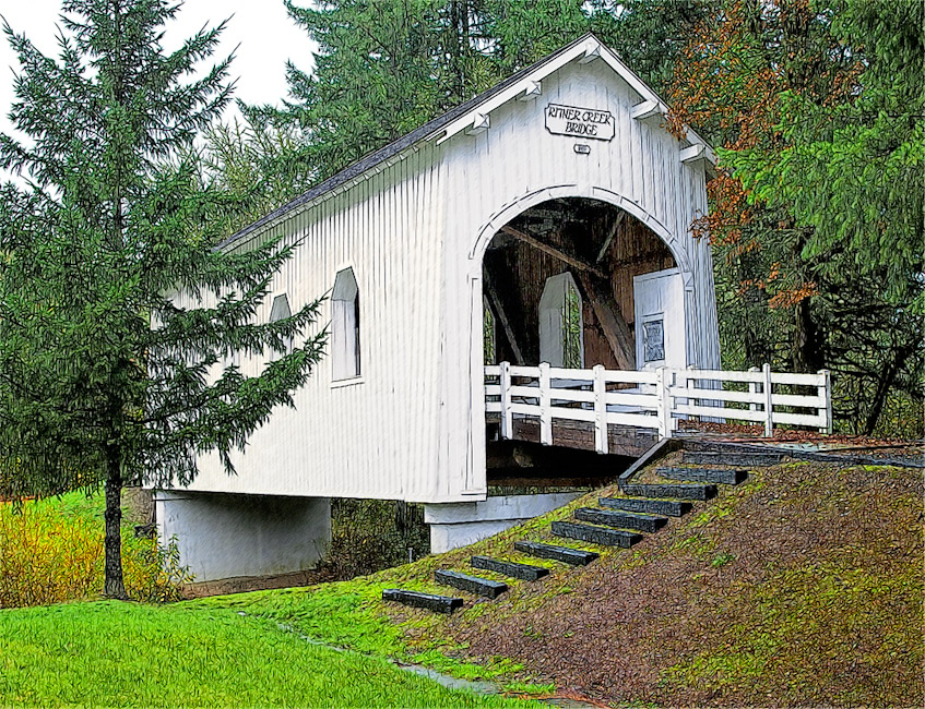 Ritner Creek Covered Bridge, Pedee OR  44°43'41.1"N 123°26'30.9"W