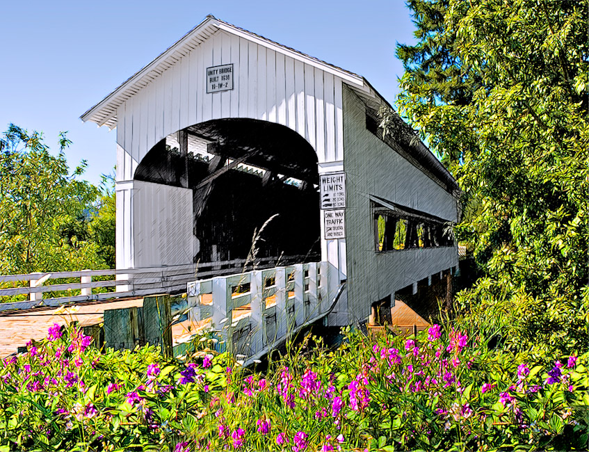 Unity Covered Bridge over Fall Creek, Eugene 43°56'41.2"N 122°46'30.5"W