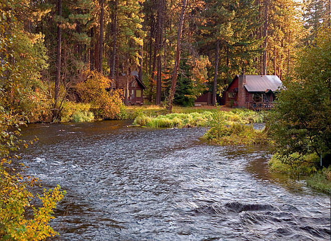 Colorful Metolius River picture; cabins amid trees; Oregon river photo sold as framed art or canvas or digital files