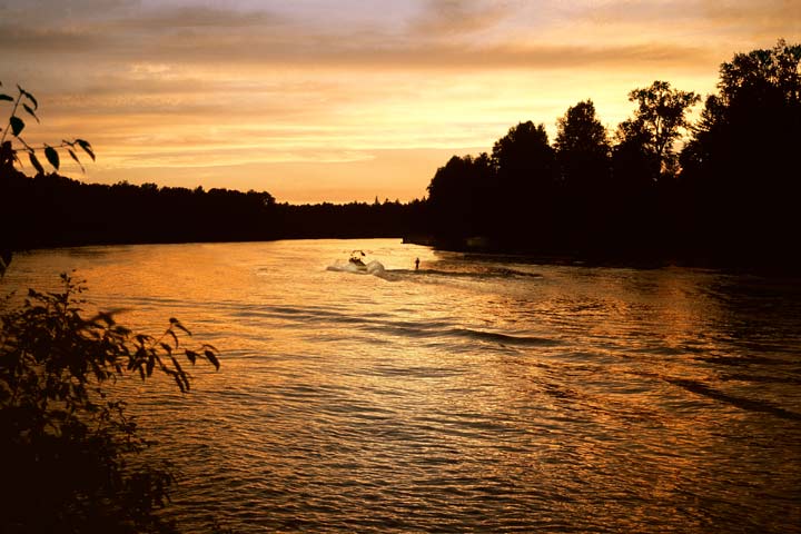 Scenic Canby Oregon Willamette River sunset photo with water skier sold as framed art, canvas or digital files