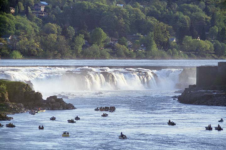 Scenic Oregon Willamette Falls photo with fishing boats taken in Oregon City; sold as framed art, canvas or digital files