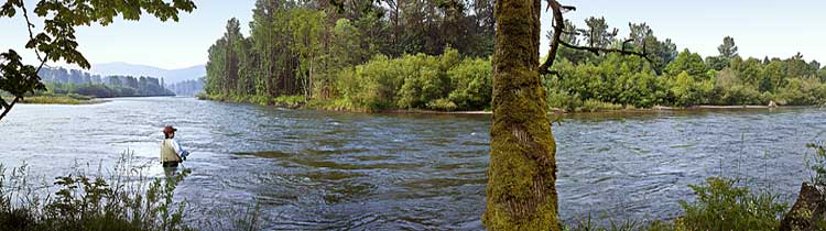 Fisherwoman fishing in wading boots on the Mckenzie River at Bellinger Landing Oregon