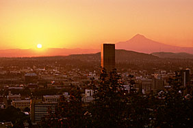 The Ban Corp building at sunrise beneath Mt. Hood