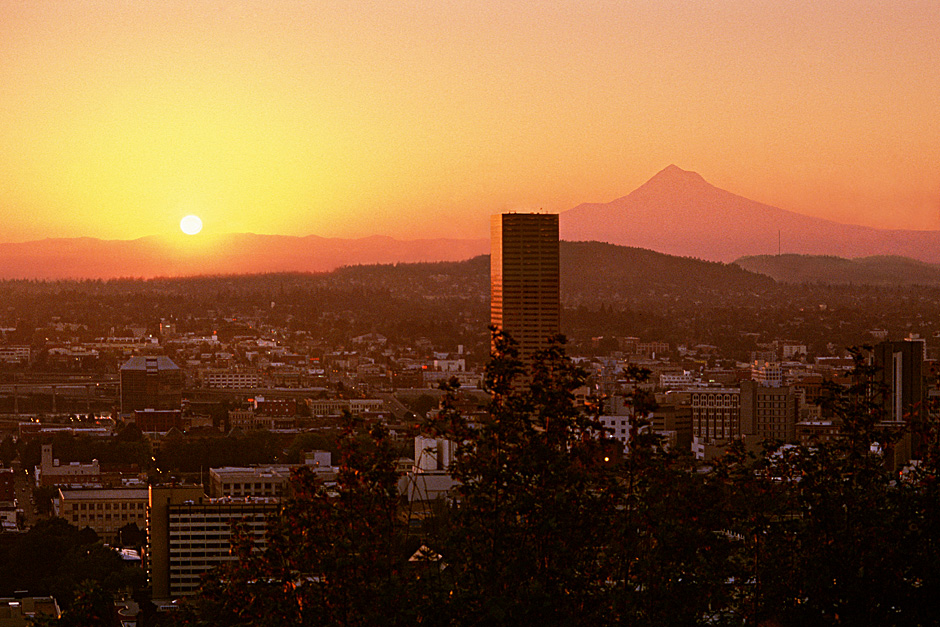 The Ban Corp building at sunrise beneath Mt. Hood