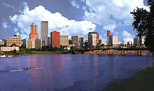 Rowers on the Willamette River near Hawthorne Bridge (oldest=1910), Portland, Oregon