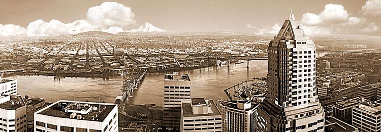 Portland, Mt Hood and the Willamette River Panorama; Includes helicopter & flag
