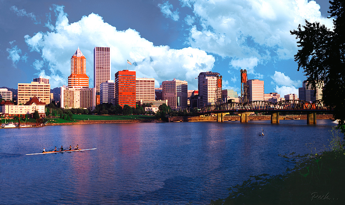 Rowers on the Willamette River near Hawthorne Bridge (oldest=1910), Portland, Oregon