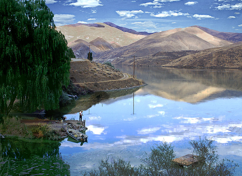 fisherman on the Snake River behind Brownlee Dam