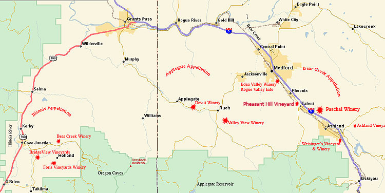 Map of the 3 Rogue Valley Appellations