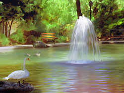 Painting of Swan and ducks at Duck Pond in Lithia Park, Ashland
