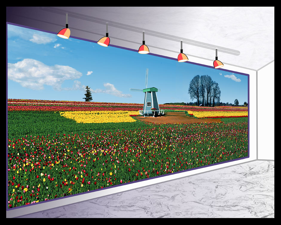 Buy this Computer graphics - mural of Holland Windmill in a field of Oregon Tulips