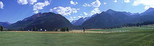 Early grain planting and irrigation sprinklers in Enterprise beneath the Wallowa Mountains
