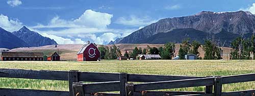 Wallowa Mountains farm panorama; Oregon's Alps picture; Joseph Oregon photograph of Prairie Creek Road sold as framed photo or canvas