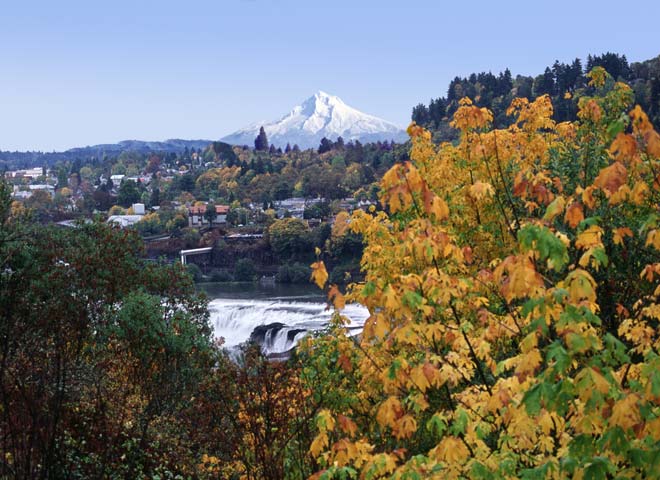Willamette Falls in Oregon City photo; Mt Hood Autumn colors picture for sale