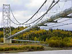 Alaska pipeline curving across Tanana River in Big Delta