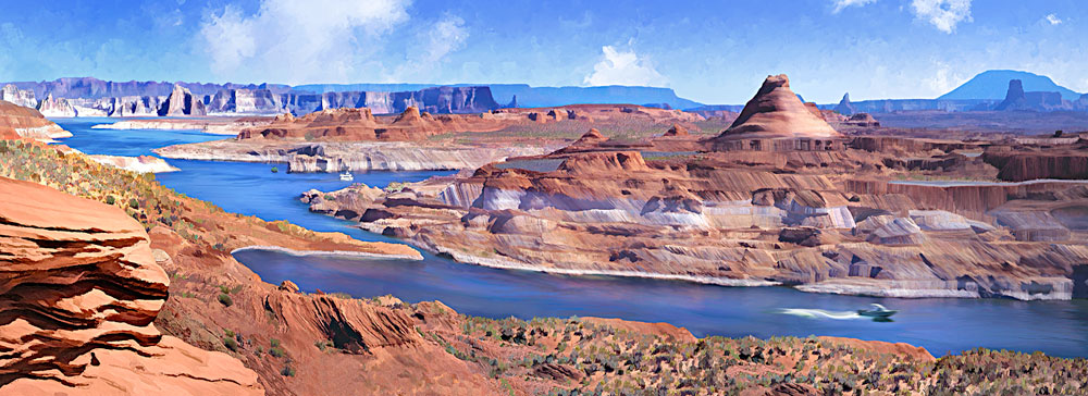 Glen Canyon Recreation Area in Arizona; panorama painting of Lake Powell