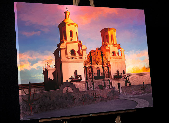 Arizona Painting of Sunset at San Xavier del Bac Mission in Tucson sold as framed art, canvas or digital files