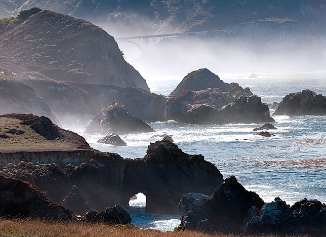 California ocean with natural bridge at Morrow Bay