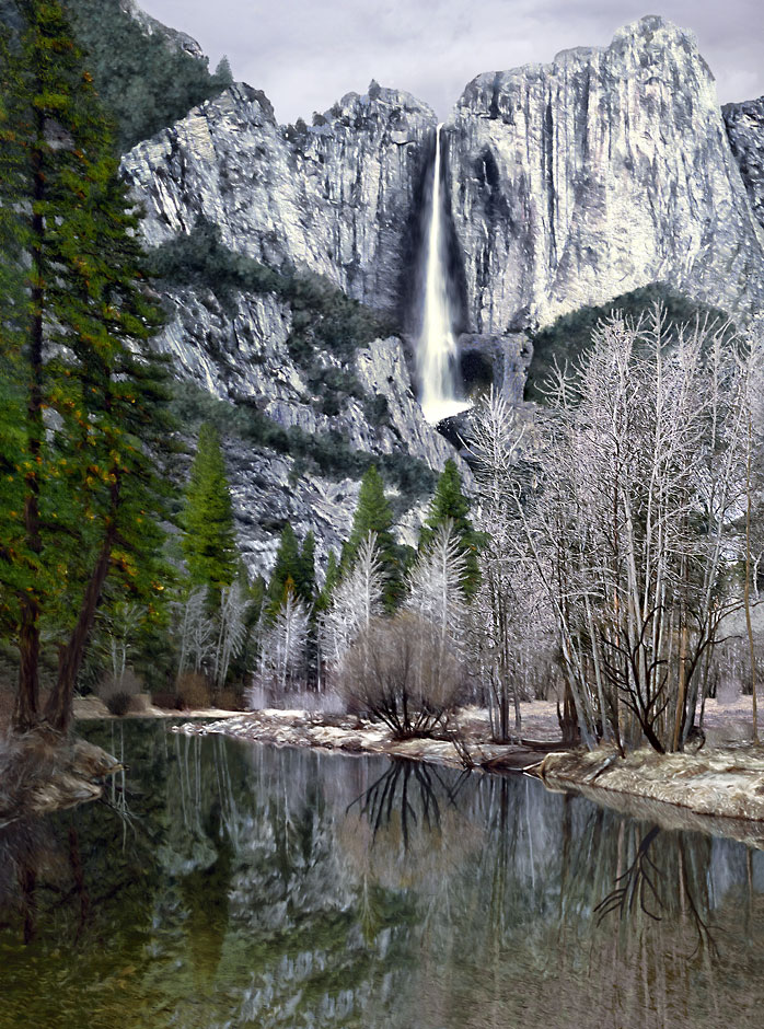 Upper Yosemite Falls and reflections in Merced River