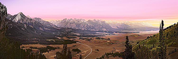 Sawtooth Mountain Scenic; Boise Idaho panorama; Sawtooth Valley from Galena Overlook during beautiful sunset