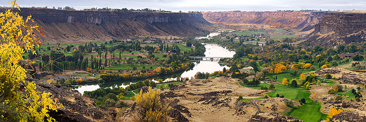Snake River Gorge with Fall Color panorama; picture from Perrine Bridge in Twin Falls Idaho; Magic Valley in autumn sold as framed photo or canvas
