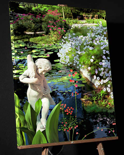 Louisiana Plantation Painting; Cherub-Flowers-Pond Houmas House