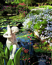 Cherub statue on pond at Houmas House in Darrow Louisiana