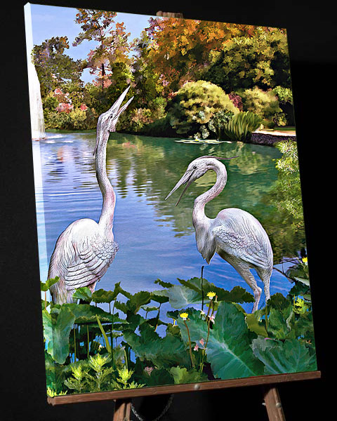 Louisiana Plantation Painting; Houmas House Herons-fountain-Pond