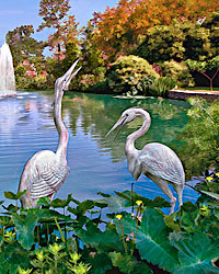 Heron statues on pond at Houmas House in Darrow Louisiana